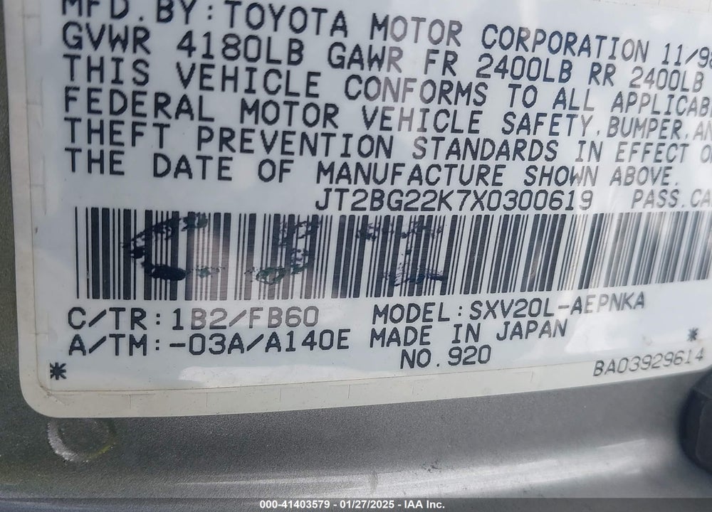 1999 TOYOTA CAMRY LE VIN: JT2BG22K7X0300619