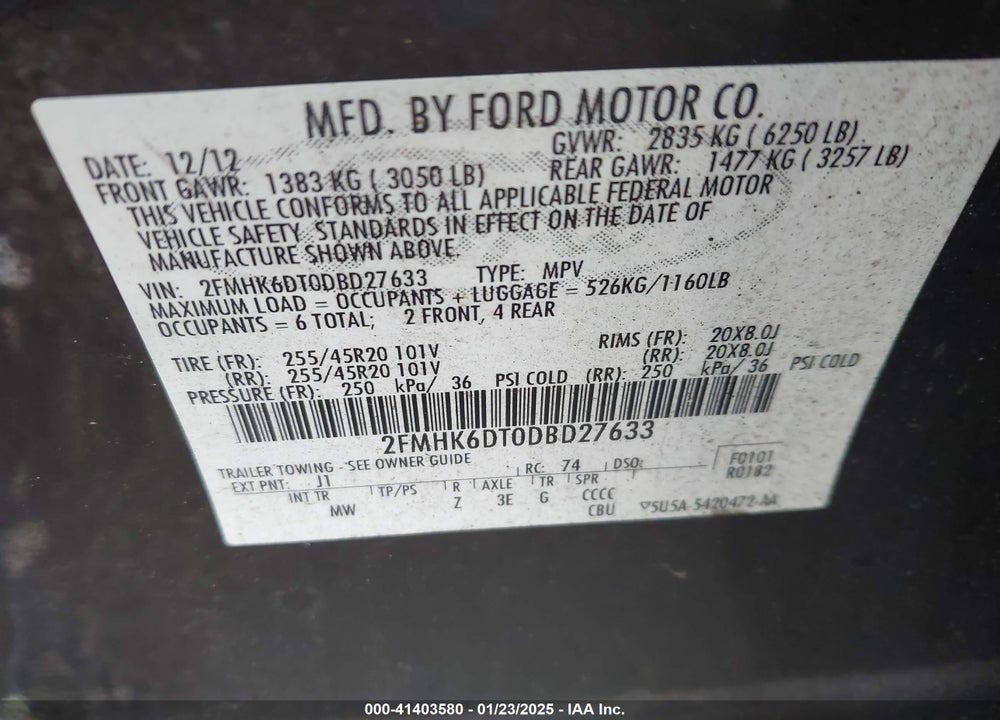 2013 FORD FLEX LIMITED VIN: 2FMHK6DT0DBD27633