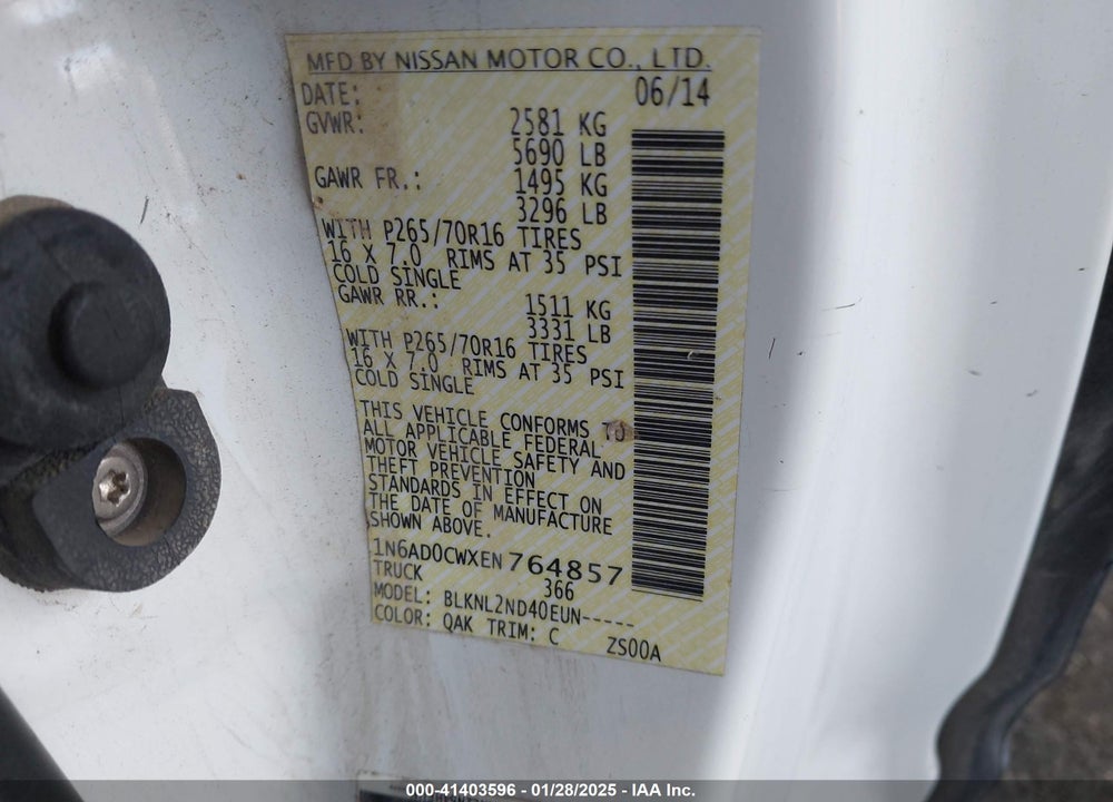 2014 NISSAN FRONTIER VIN: 1N6AD0CWXEN764857