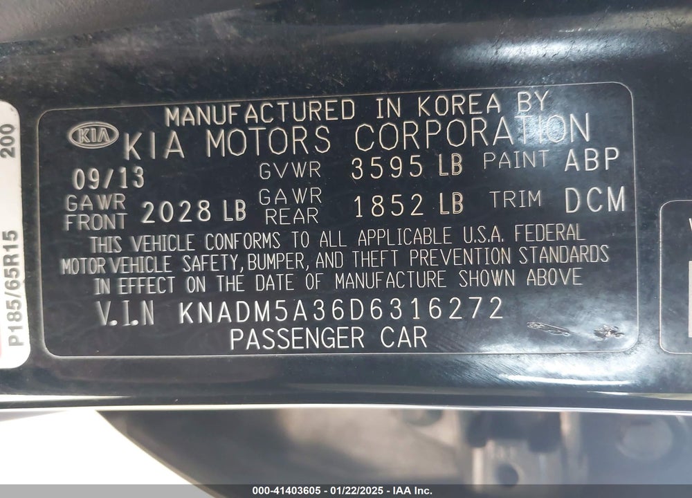 2013 KIA RIO VIN: KNADM5A36D6316272