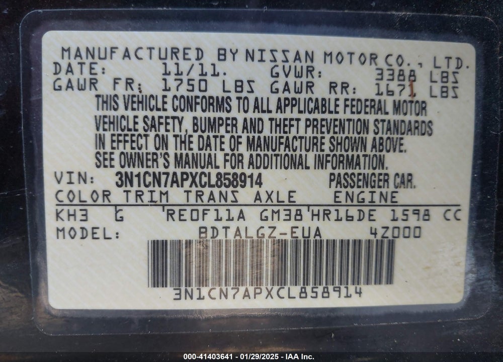 2012 NISSAN VERSA 1.6 SL VIN: 3N1CN7APXCL858914