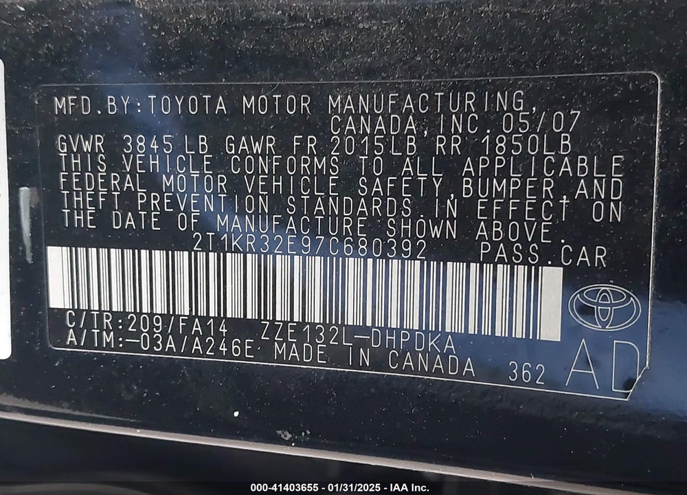 2007 TOYOTA COROLLA MATRIX VIN: 2T1KR32E97C680392