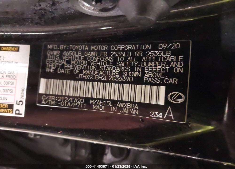 2020 LEXUS UX 250H VIN: JTHX9JBH2L2036390