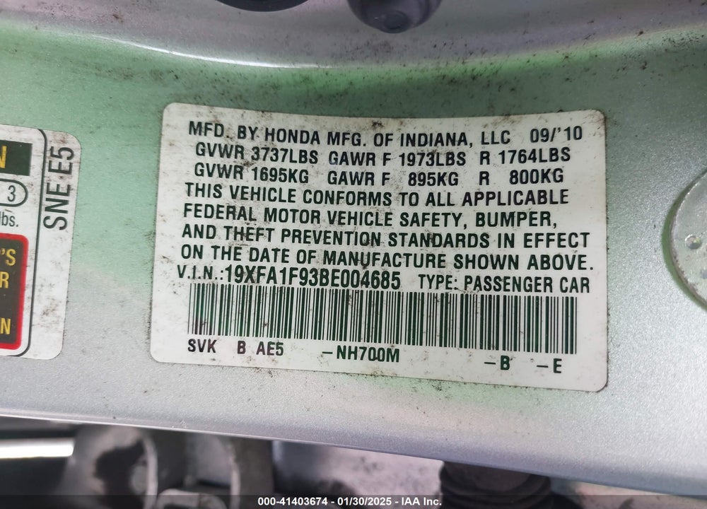 2011 HONDA CIVIC EX-L VIN: 19XFA1F93BE004685