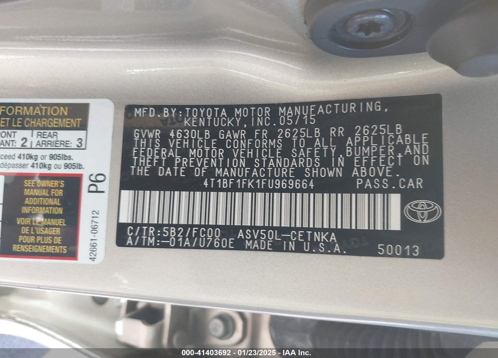 2015 TOYOTA CAMRY VIN: 4T1BF1FK1FU969664