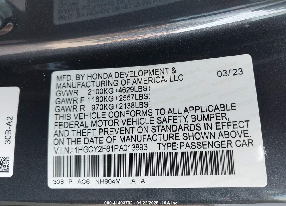 2023 HONDA ACCORD VIN: 1HGCY2F81PA013893