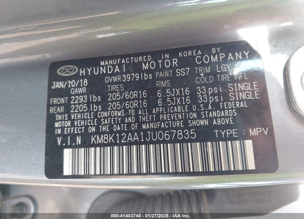 2018 HYUNDAI KONA SE VIN: KM8K12AA1JU067835