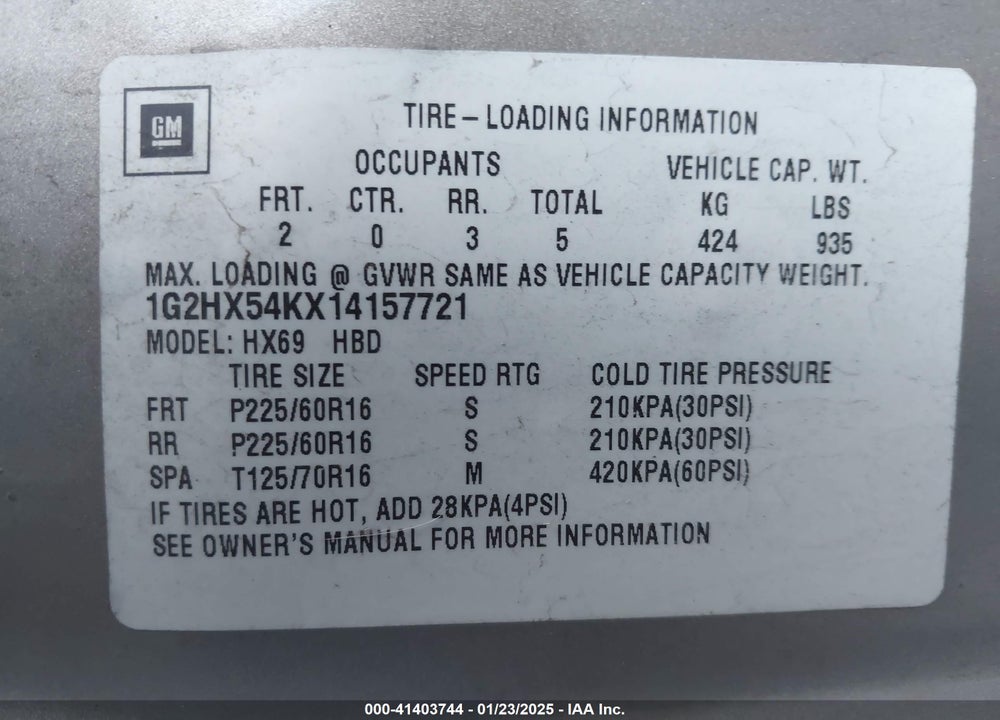 2001 PONTIAC BONNEVILLE SE VIN: 1G2HX54KX14157721