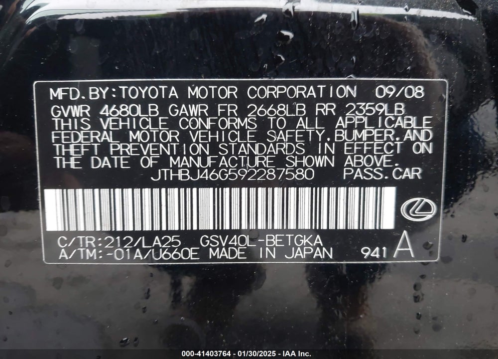 2009 LEXUS ES 350 VIN: JTHBJ46G592287580