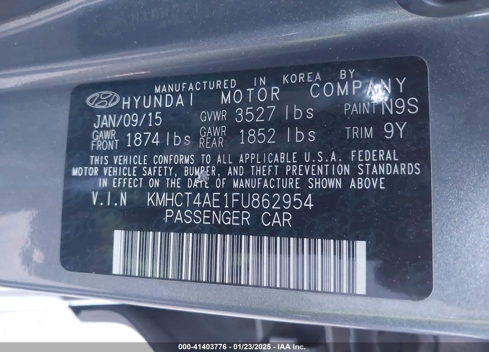 2015 HYUNDAI ACCENT VIN: KMHCT4AE1FU862954