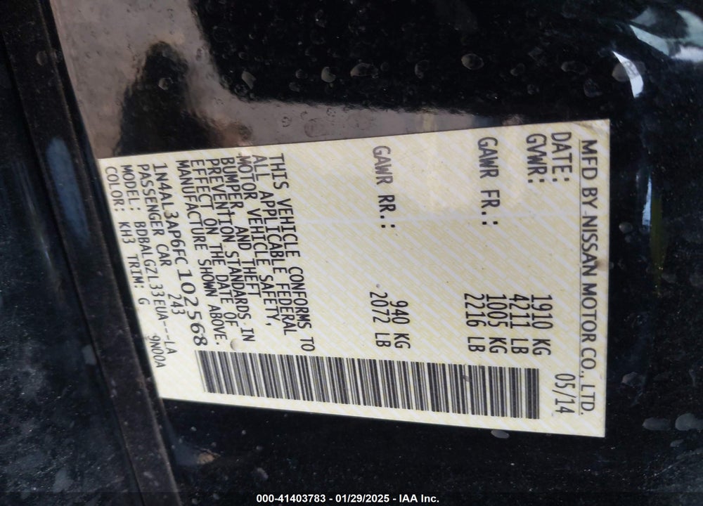 2015 NISSAN ALTIMA VIN: 1N4AL3AP6FC102568