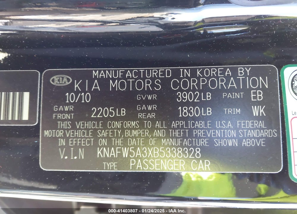 2011 KIA FORTE VIN: KNAFW5A3XB5338328