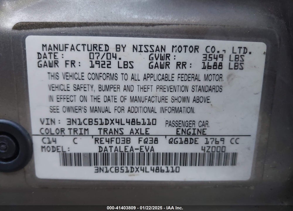 2004 NISSAN SENTRA 1.8S VIN: 3N1CB51DX4L486110