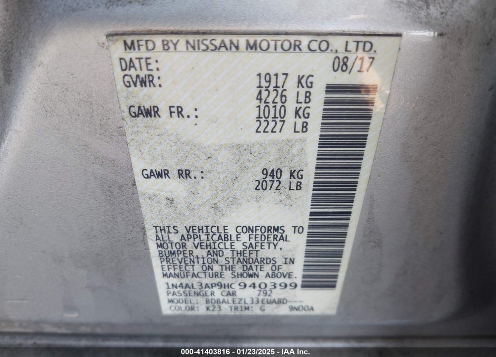 2017 NISSAN ALTIMA VIN: 1N4AL3AP9HC940399