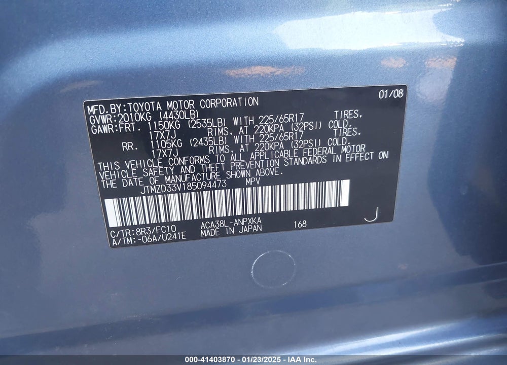 2008 TOYOTA RAV4 VIN: JTMZD33V185094473