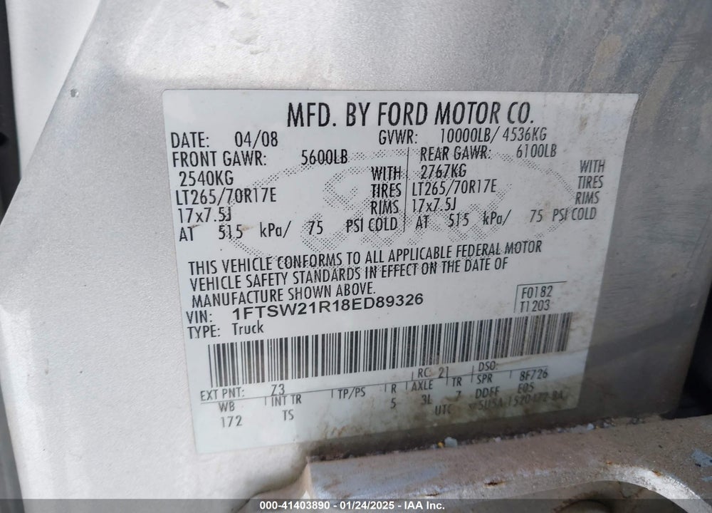 2008 FORD F-250 XL VIN: 1FTSW21R18ED89326