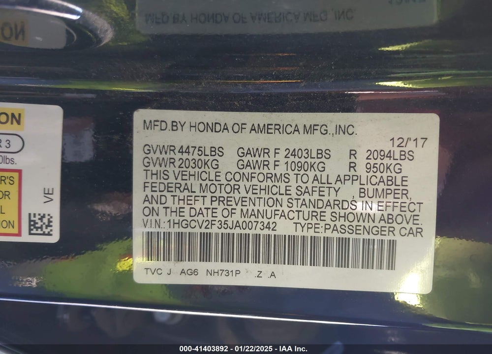2018 HONDA ACCORD SPORT 2.0T VIN: 1HGCV2F35JA007342