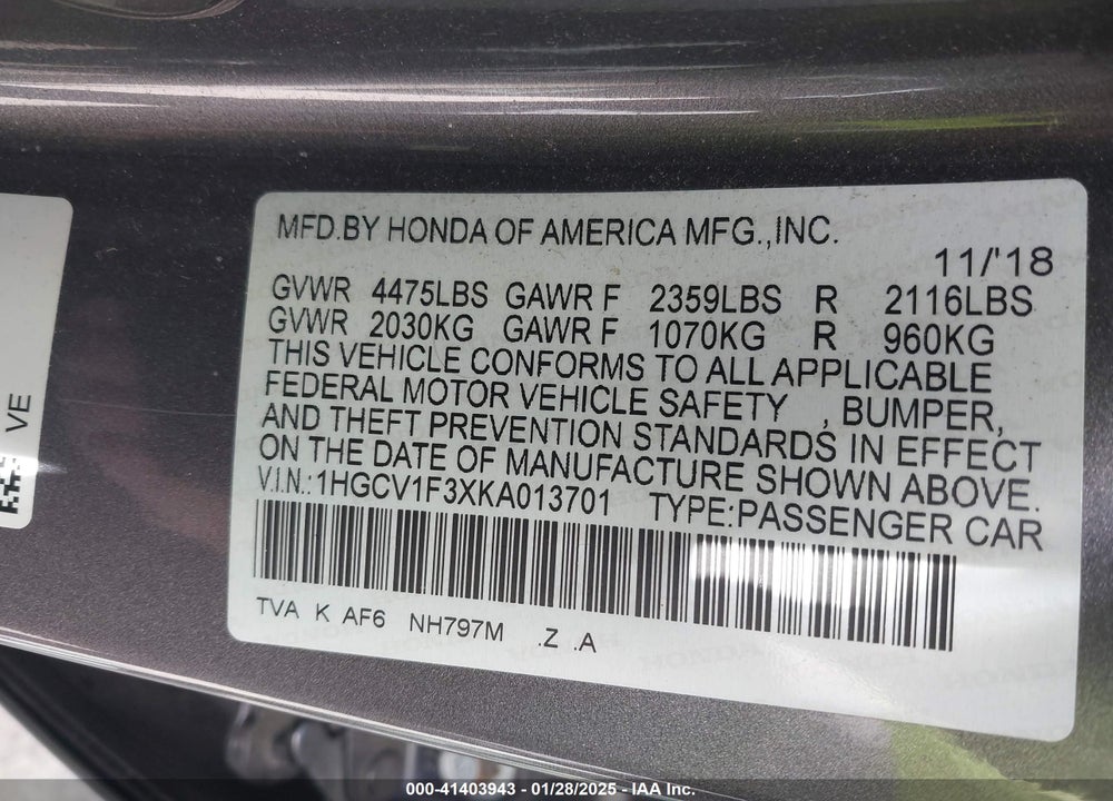 2019 HONDA ACCORD VIN: 1HGCV1F3XKA013701