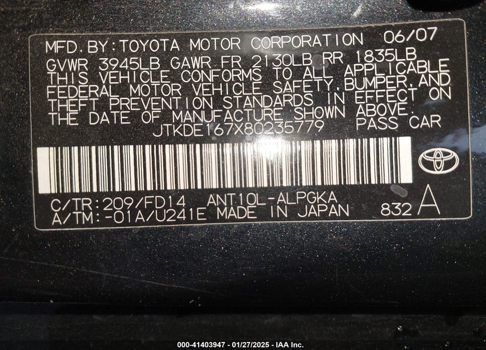 2008 SCION TC VIN: JTKDE167X80235779