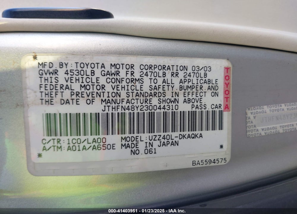 2003 LEXUS SC 430 VIN: JTHFN48Y230044310