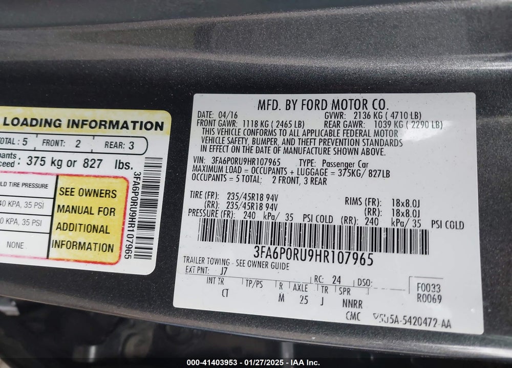 2017 FORD FUSION HYBRID VIN: 3FA6P0RU9HR107965
