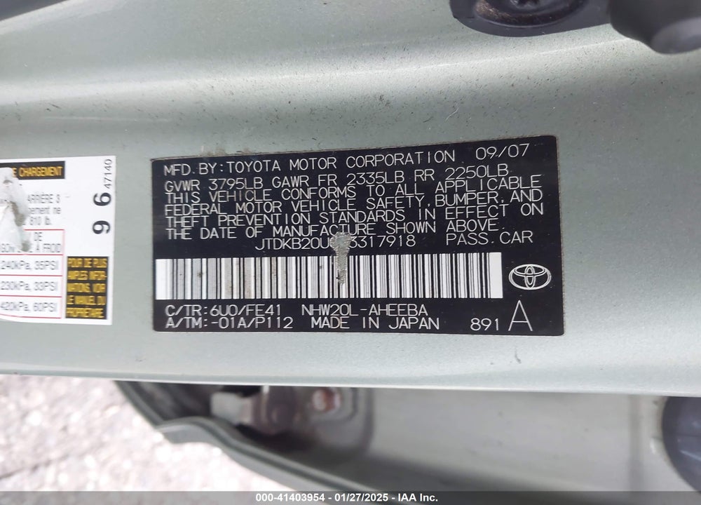 2008 TOYOTA PRIUS TOURING VIN: JTDKB20U083317918