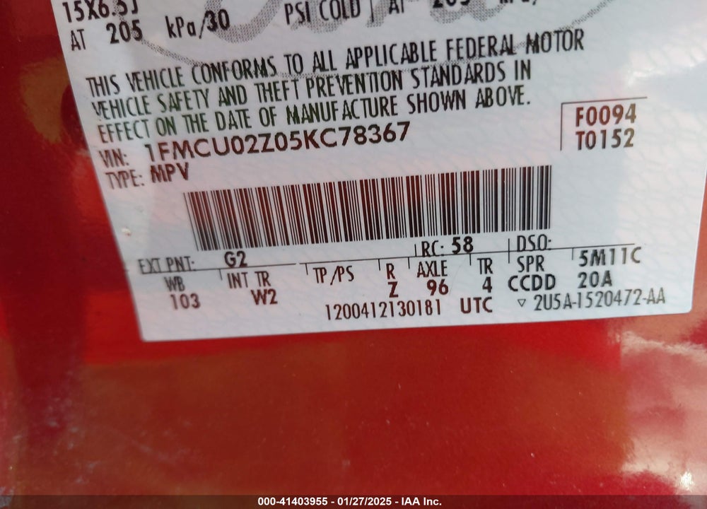 2005 FORD ESCAPE XLS VIN: 1FMCU02Z05KC78367