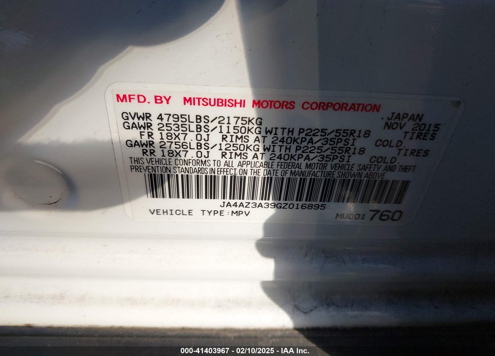 2016 MITSUBISHI OUTLANDER VIN: JA4AZ3A39GZ016895