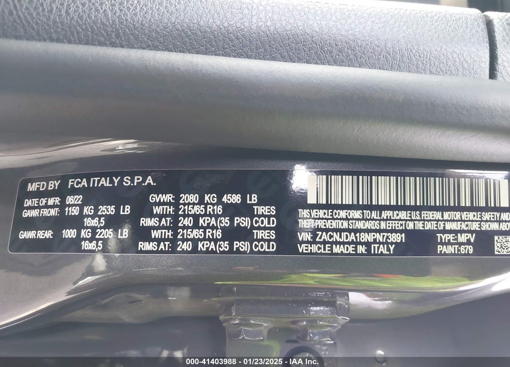 2022 JEEP RENEGADE SPORT 4X4 VIN: ZACNJDA18NPN73891