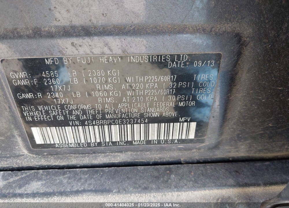 2014 SUBARU OUTBACK 2.5I LIMITED VIN: 4S4BRBPC0E3237454