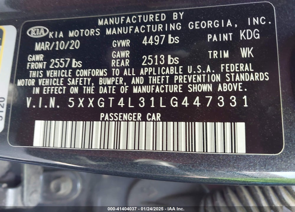 2020 KIA OPTIMA VIN: 5XXGT4L31LG447331