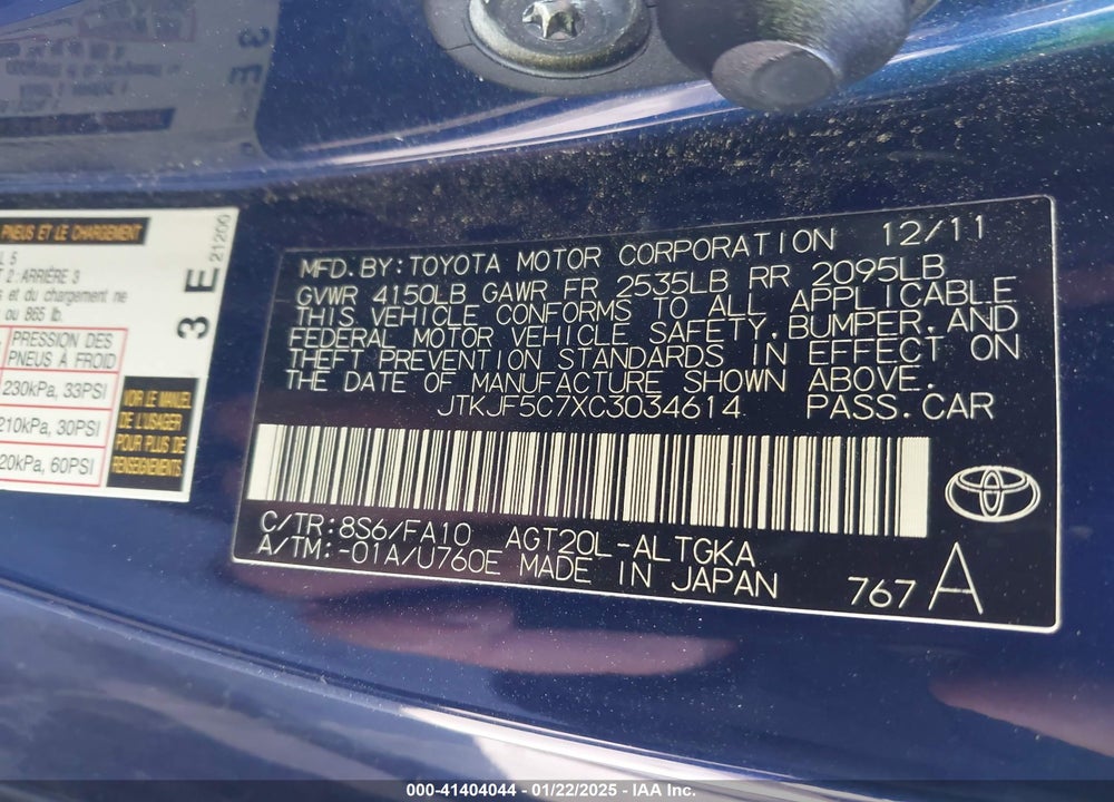 2012 SCION TC VIN: JTKJF5C7XC3034614