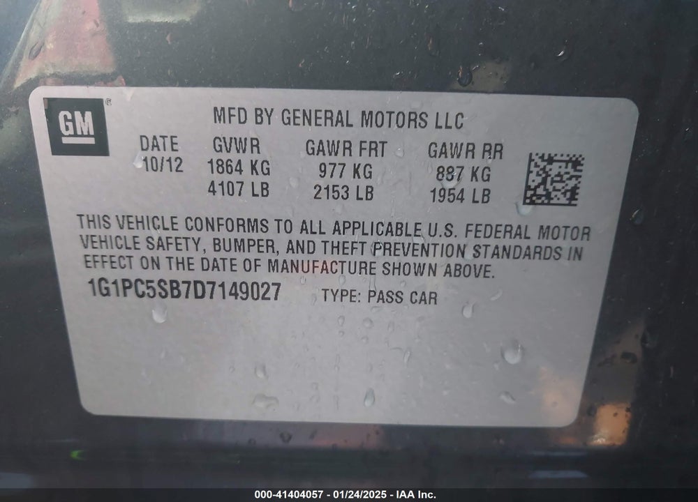 2013 CHEVROLET CRUZE VIN: 1G1PC5SB7D7149027