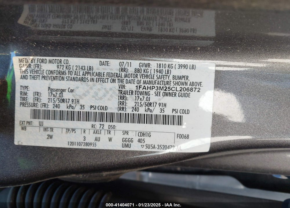 2012 FORD FOCUS VIN: 1FAHP3M25CL206872