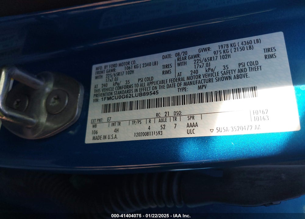 2020 FORD ESCAPE VIN: 1FMCU0G62LUB89545
