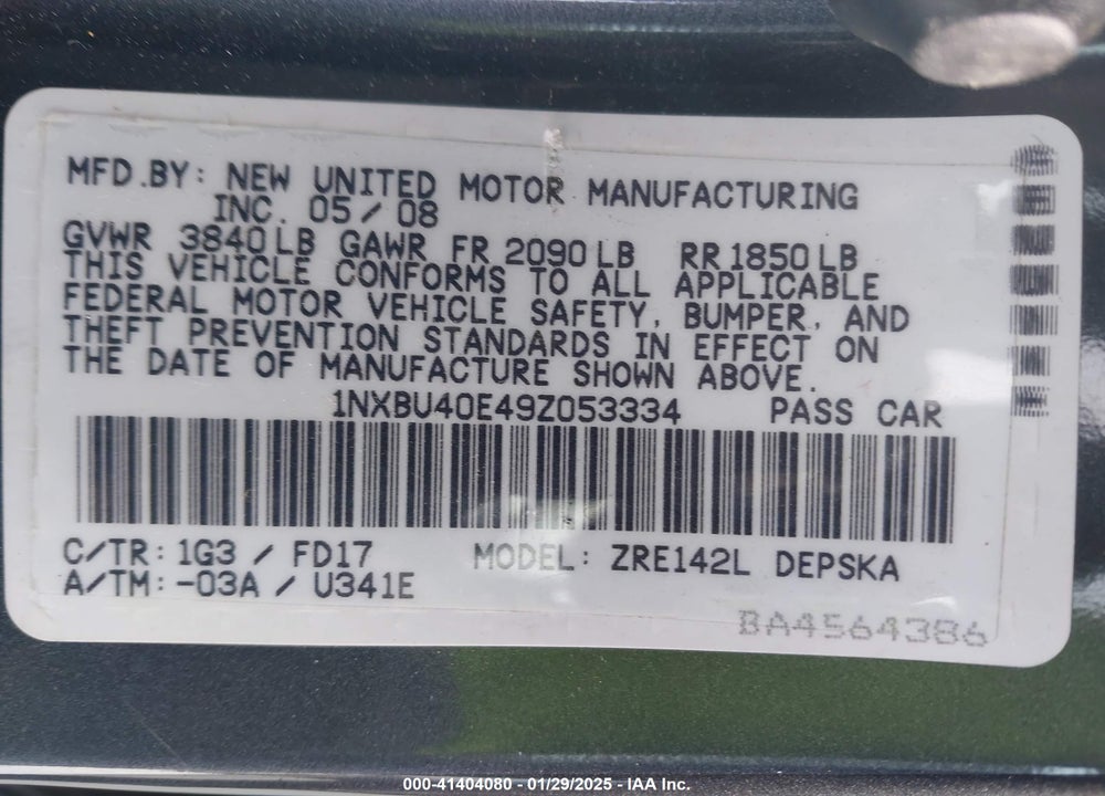 2009 TOYOTA COROLLA VIN: 1NXBU40E49Z053334