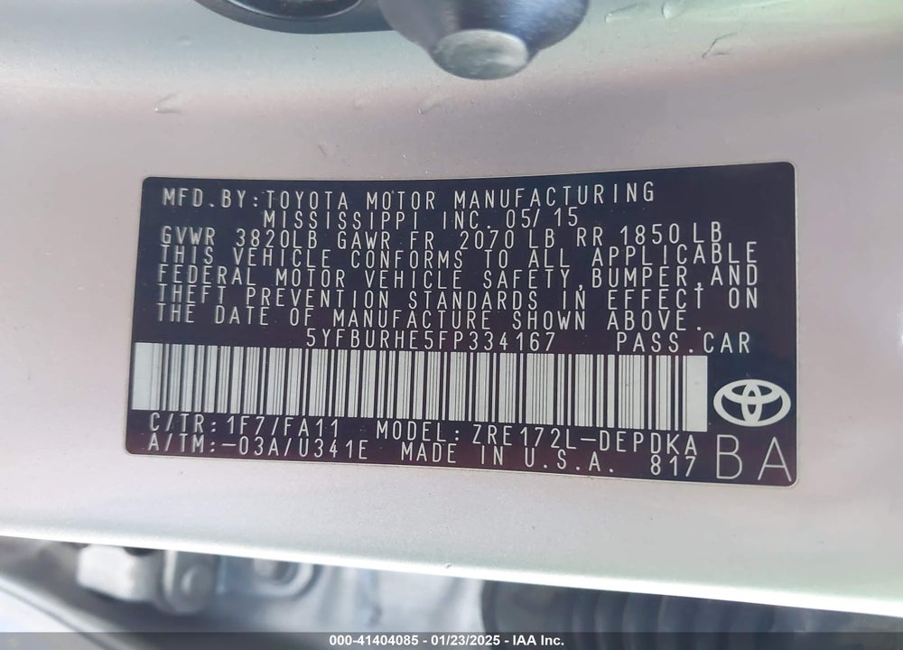 2015 TOYOTA COROLLA VIN: 5YFBURHE5FP334167