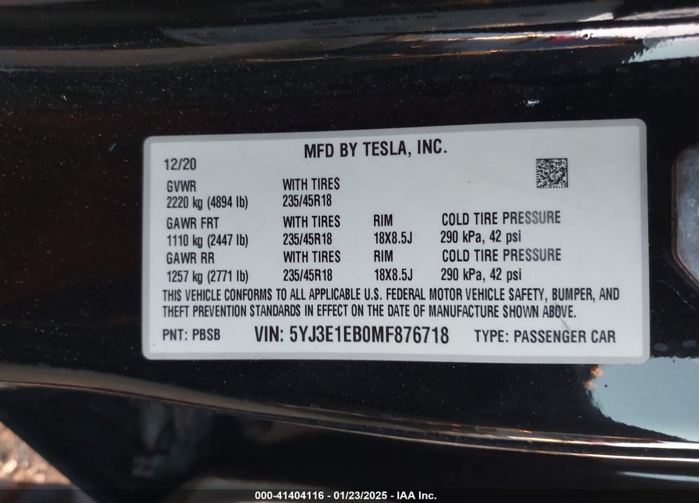 2021 TESLA MODEL 3 VIN: 5YJ3E1EB0MF876718