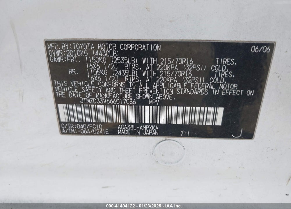 2006 TOYOTA RAV4 VIN: JTMZD33V666017086