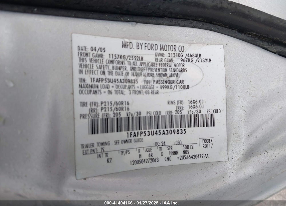 2005 FORD TAURUS SE VIN: 1FAFP53U45A309835