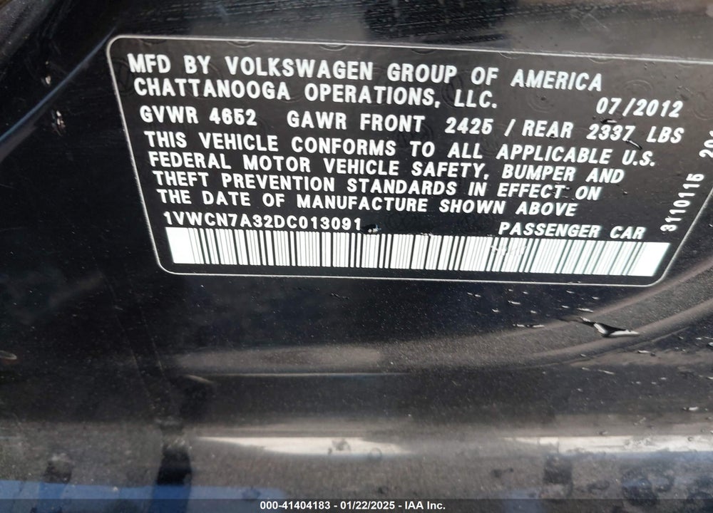 2013 VOLKSWAGEN PASSAT 2.0L TDI SEL PREMIUM VIN: 1VWCN7A32DC013091
