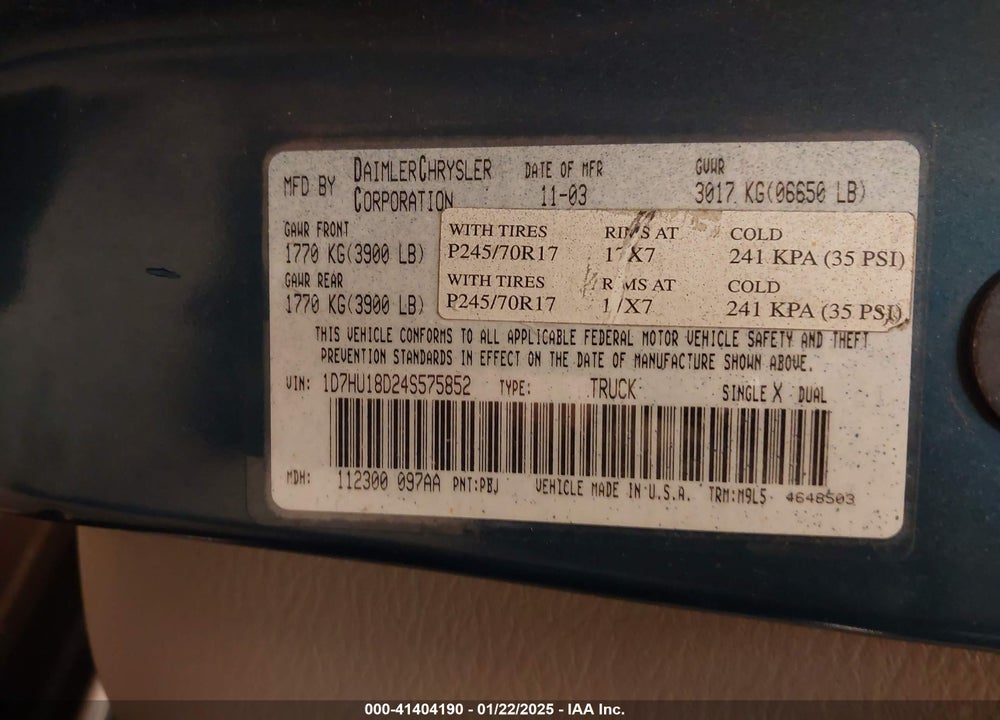 2004 DODGE RAM 1500 SLT/LARAMIE VIN: 1D7HU18D24S575852