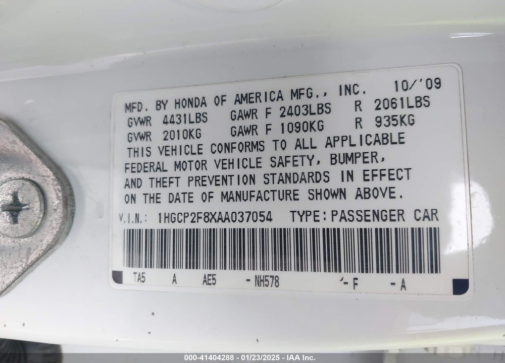 2010 HONDA ACCORD VIN: 1HGCP2F8XAA037054