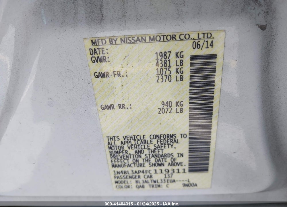 2015 NISSAN ALTIMA VIN: 1N4BL3AP4FC119311