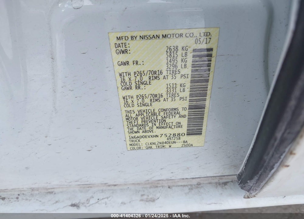 2017 NISSAN FRONTIER SV VIN: 1N6AD0EVXHN752880