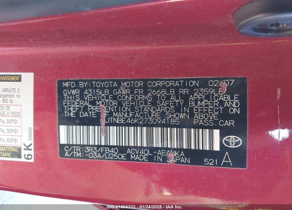 2007 TOYOTA CAMRY VIN: JTNBE46K273094185