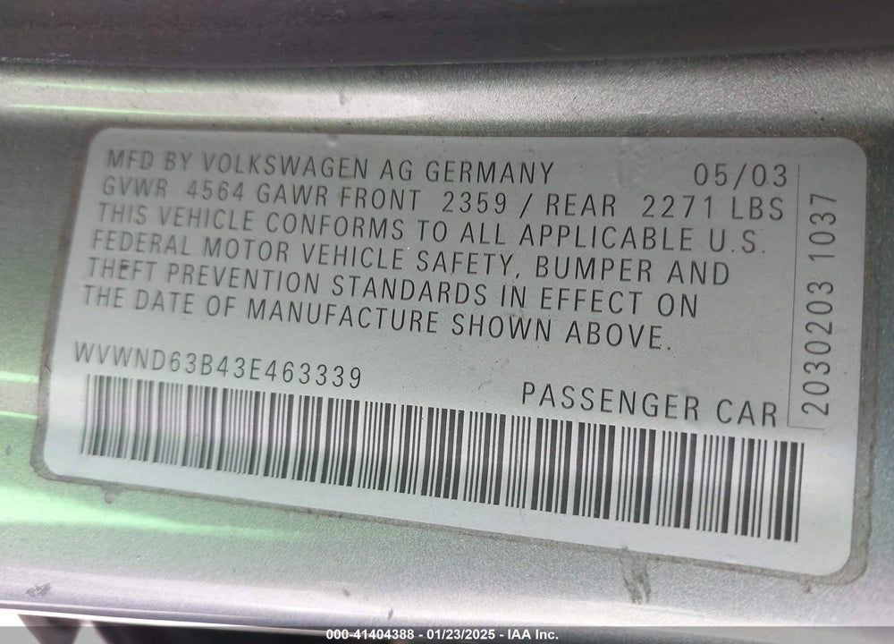 2003 VOLKSWAGEN PASSAT GL VIN: WVWND63B43E463339