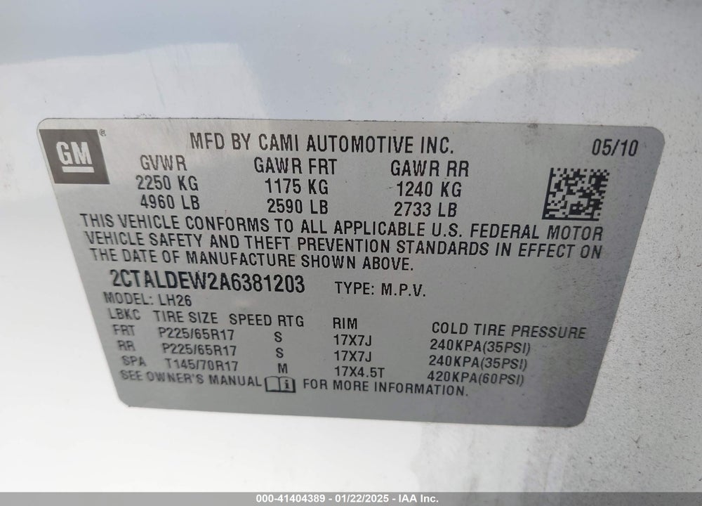 2010 GMC TERRAIN SLE-2 VIN: 2CTALDEW2A6381203