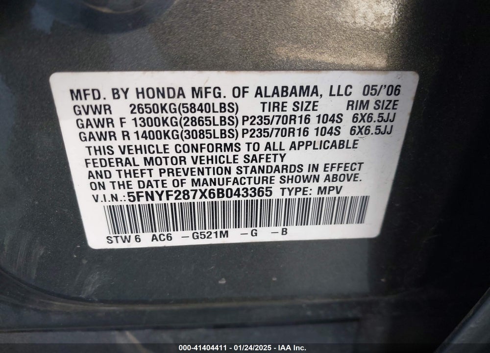 2006 HONDA PILOT EX-L VIN: 5FNYF287X6B043365