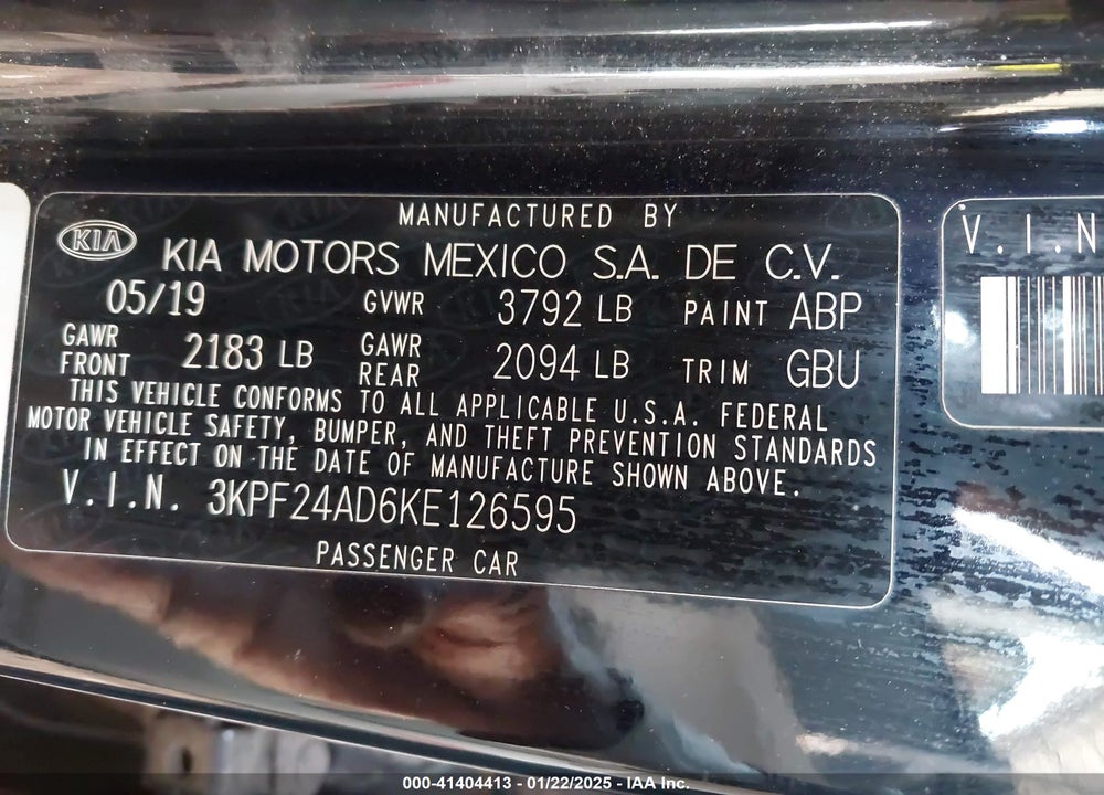 2019 KIA FORTE VIN: 3KPF24AD6KE126595